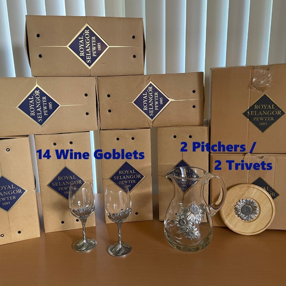 🌻 Vintage Royal Selangor "Sunflower" Pewter & Glass 18-Piece Goblet Set - Picture 2 of 6